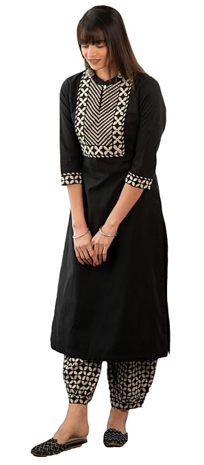Yashika Women's 3/4 Sleeve Solid Black Color Kurti Pant Set