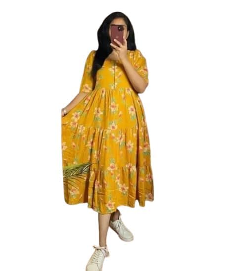 Women's Floral Maxi Dress, Yellow Cotton Summer Dress-TrendDive
