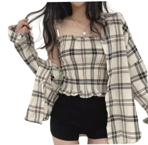 Women's Black and White Plaid Crop Top with Long Sleeves, Casual Stylish Design Combo of Shirt & Tube Top-TRENDDIVE