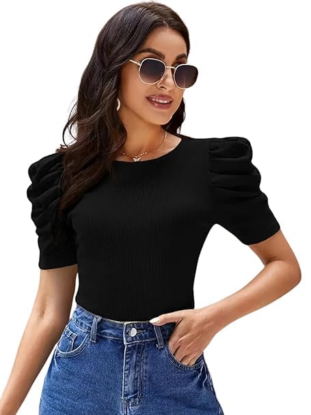 ZEUGEN Women's Black Puff Sleeve Top Stretchable Fitted T-Shirt-TRENDDIVE