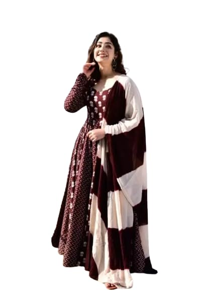 JRH Fashions|| Women's Rayon Full Sleeves Round Neck Printed Long Anarkali Gown with Dupatta-TRENDDIVE
