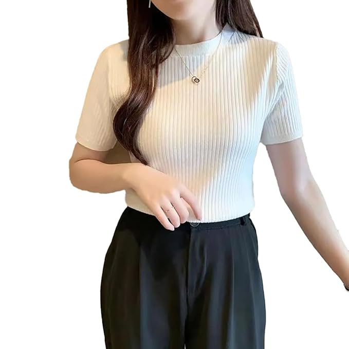 Istyle Can Slim Fit Plain Stretchable Round Neck Rib Knit Short Sleeve Regular women's Tops-TRENDDIVE