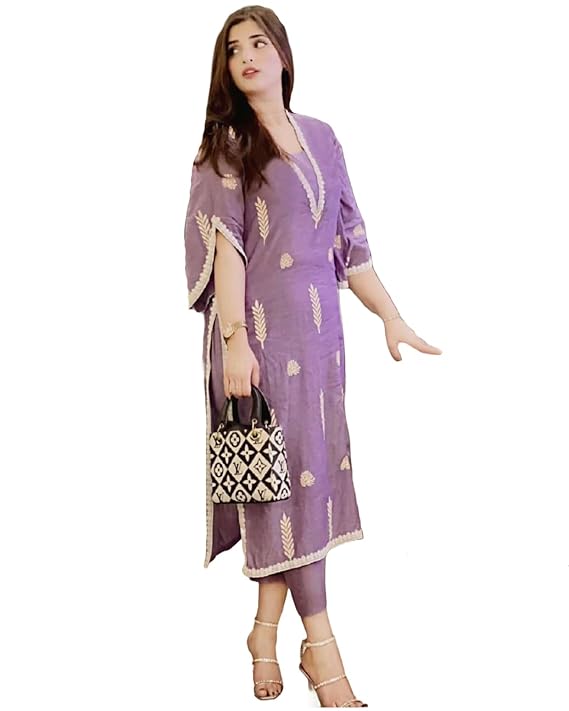 ANNI DESIGNER Women's Rayon Viscose Embroidered Pakistani Kurta with Pant Set-TRENDDIVE