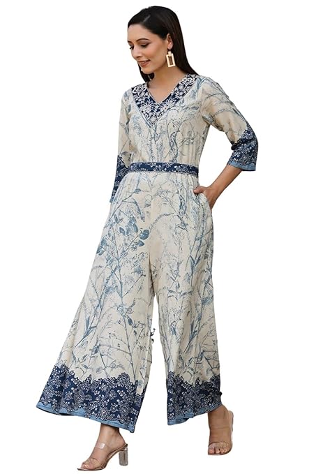 Juniper Women's Offwhite Rayon Staple Print With Embroidery Straight Jumpsuit-TRENDDIVE