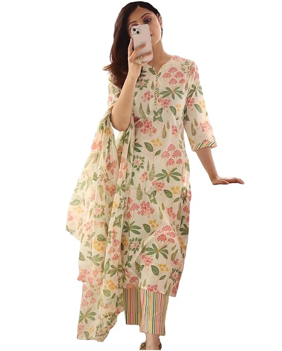 ANNI DESIGNER Women's Rayon Blend Straight Printed Kurta with Pant & Dupatta-TRENDDIVE