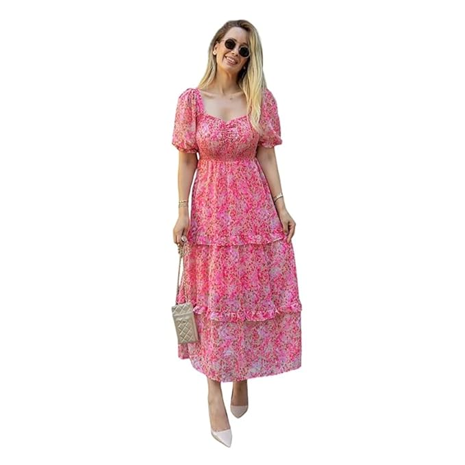 Sheetal Associates Women's Floral Puff Sleeve High Waist A Line Flowy Long Dress-TRENDDIVE