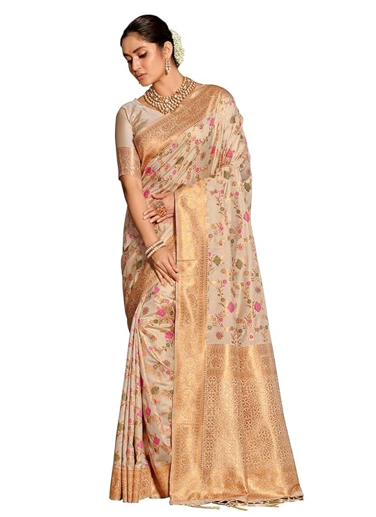 Astita Banarasi Silk Saree with Golden Zari Floral Weaving | Soft Lightweight Traditional Sarees for Women's-TRENDDIVE