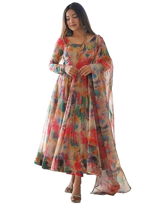 KD Women's Organza Anarkali Floral Printed Kurta Pent Set With Dupatta Set Anarkali Kurti for Women-TRENDDIVE