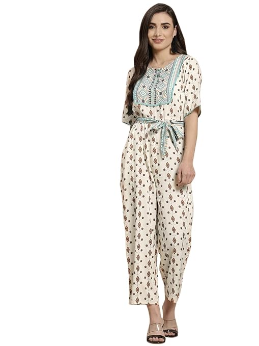 Juniper Ivory Rayon Printed Ethnic Jumpsuit with Belt-TRENDDIVE