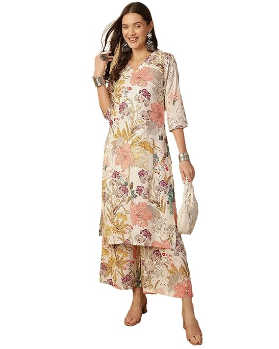 MANHAREE | Women's Rayon Floral Straight Kurta with Palazzo Set, Pink-TRENDDIVE