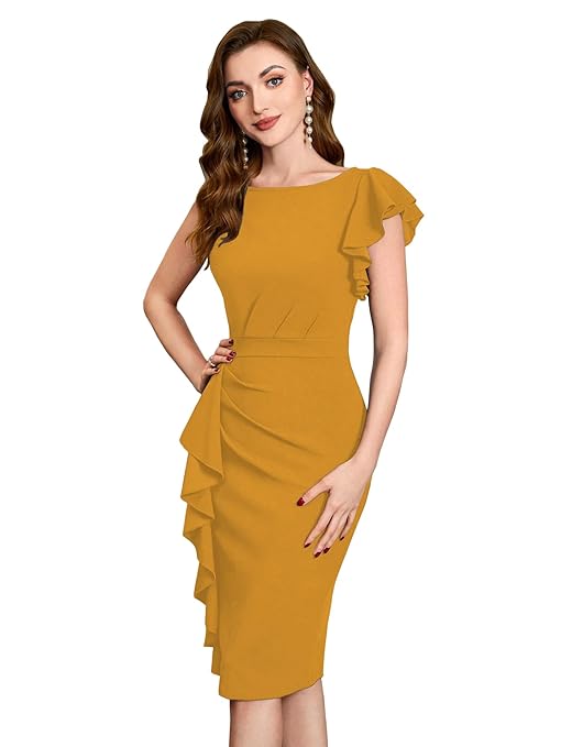 Shasmi Girl's & Women's Asymmetrical Sleeve Ruffle Trim Cocktail Party Fitted One Piece Knee Length Midi Dress for Women-TRENDDIVE