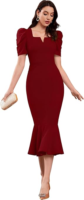 SATPURUSH Women's Lycra Blend Sweet-Heart Neck Puff Sleeve Fit and Flared Calf Length Casual Bodycon Dress for Party-TRENDDIVE