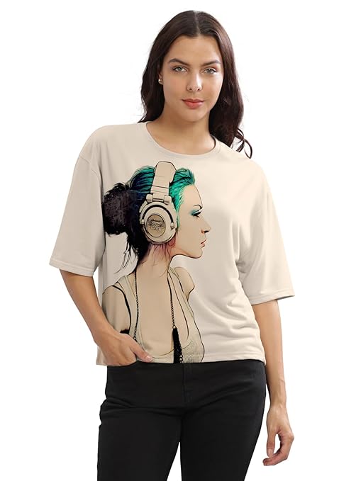 HELLCAT Beige Printed Loose Fit Crew-Neck Crop T-Shirt for Women-TRENDDIVE