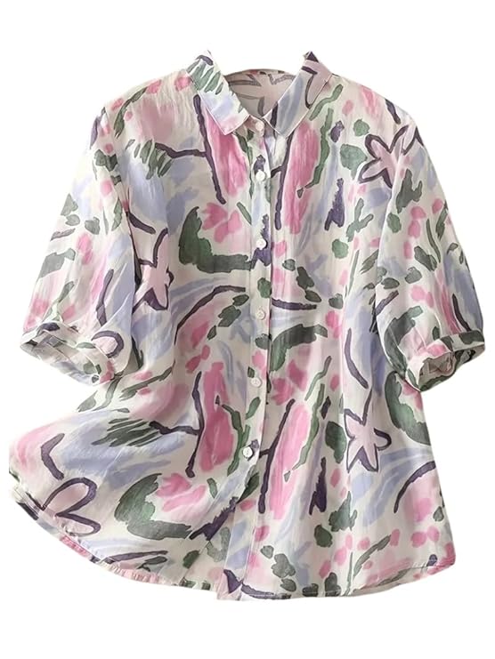 Gufrina Women’s Casual Button-Down Shirt with Multicolor Floral Print & Half Sleeves-TRENDDIVE