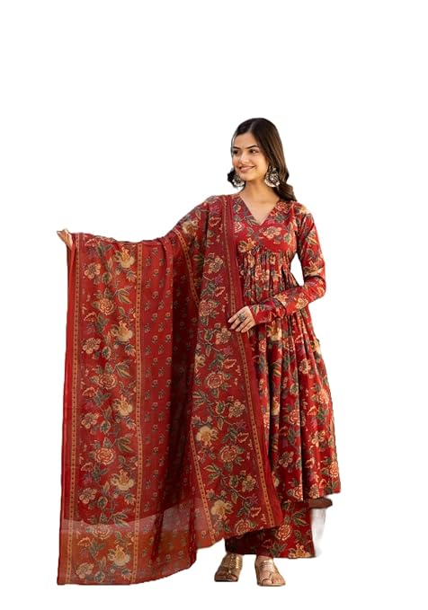 MEERA FAB Women's Cotton Blend V-Neck Anarkali Printed Kurta with Palazzo & Dupatta-TRENDDIVE
