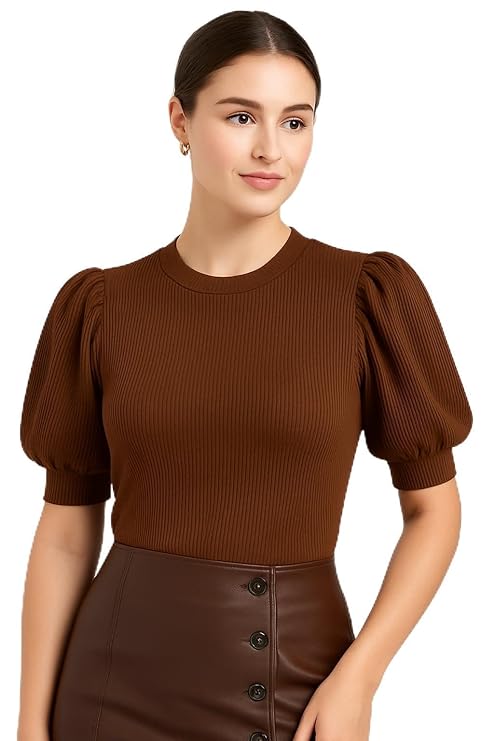 PRIASE B Women's Brown Ribbed Puff Sleeve Top | Women's Tops-TRENDDIVE