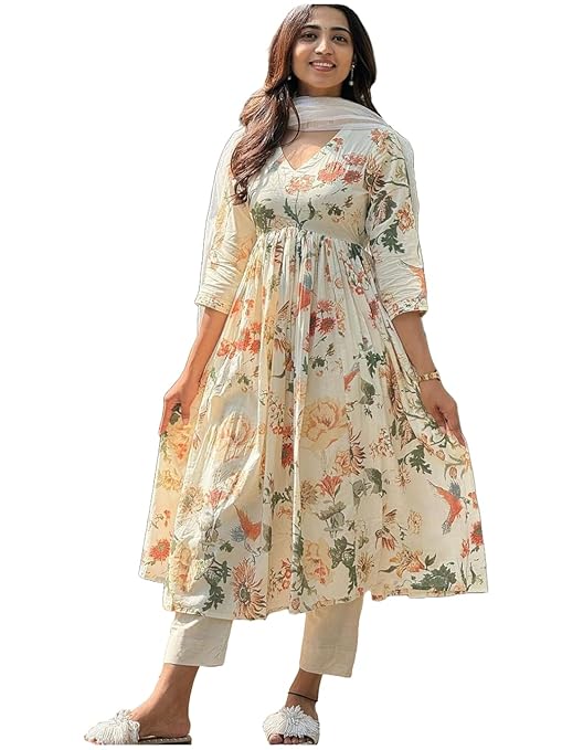 GoSriKi Women's Rayon Blend Printed Anarkali Kurta with Pant & Dupatta-TRENDDIVE