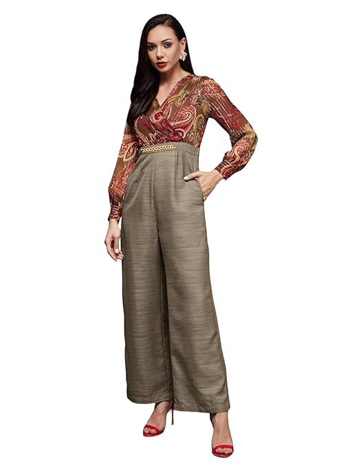 Miss Chase Women's V-Neck Bishop Sleeve Bohemian Patterned Straight Leg Wrap Regular Jumpsuit-TRENDDIVE