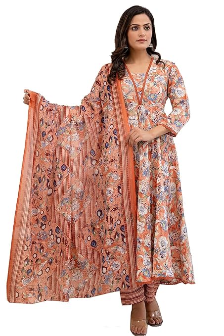 PARTHVI Women's Printed Cotton Anarkali Kurta & Pant With Dupatta Set-TRENDDIVE