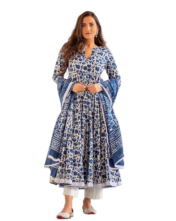 MEERA FAB Women's Cotton Printed Anarkali Kurta with Palazzo & Dupatta Set-TRENDDIVE
