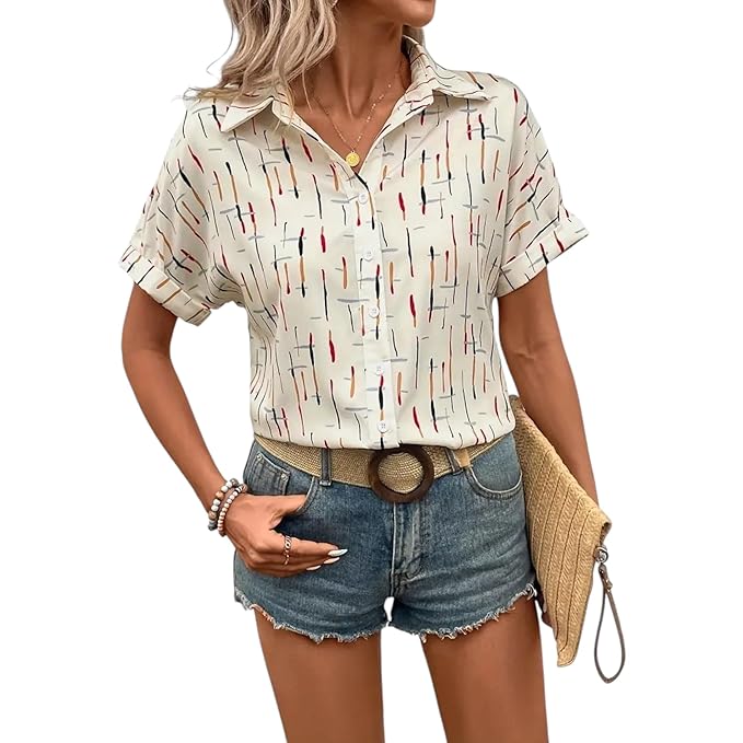Gufrina Women’s Short Sleeve Button Down Shirt-TRENDDIVE