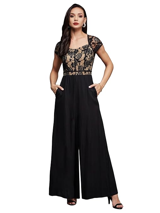 Miss Chase Women's Sweetheart Neck Raglan Sleeve Floral Lace Overlaid Viscose-Rayon Regular Length Jumpsuit-TRENDDIVE