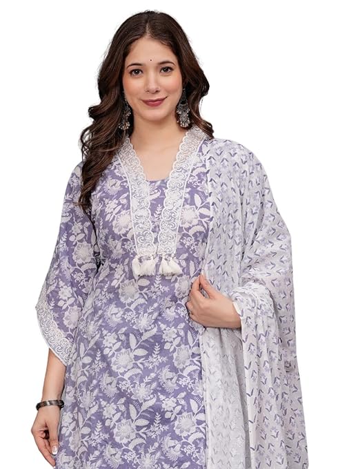 Amayra Women's Pure Cotton Printed Straight Kurta Set with Palazzo Pants & Dupatta- Ethnic Wear, Purple-TRENDDIVE