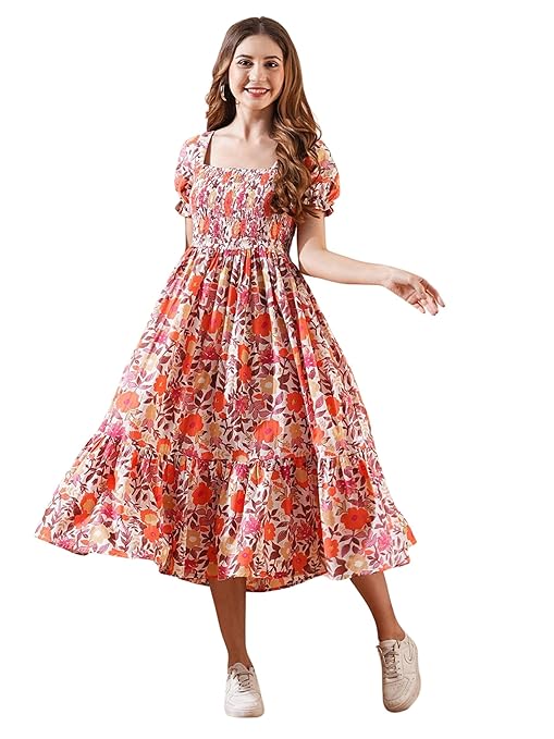 Laccy Floral Print Summer Midi Dress, Square Neck, Puff Sleeves, Orange and Pink- TrendDive