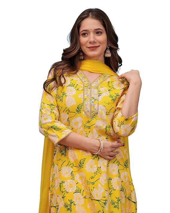 MANHAREE | Women's Rayon Printed Straight Kurta with Pant & Dupatta Set-TRENDDIVE
