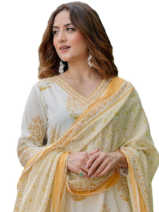 Arayna Women's Suits in Pure Cotton Block Printed Ethnic Wear Kurta Set with Dupatta & Palazzo Pants-TRENDDIVE