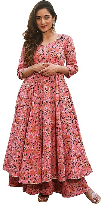 Arayna Women's Cotton Printed Anarkali Kurti with Palazzo Pants Set-TRENDDIVE