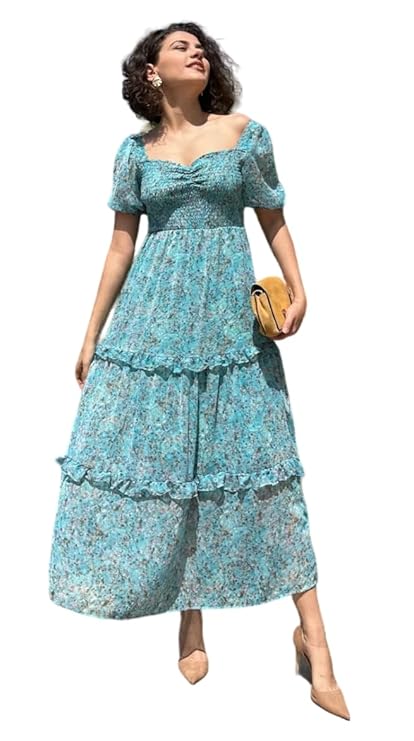 Sheetal Associates Women's Floral Puff Sleeve High Waist A Line Flowy Long Dresses-TRENDDIVE