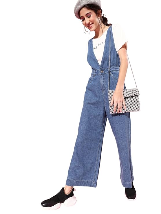 SASSAFRAS Deep V-Neck Denim flared Leg Jumpsuit for women-TRENDDIVE