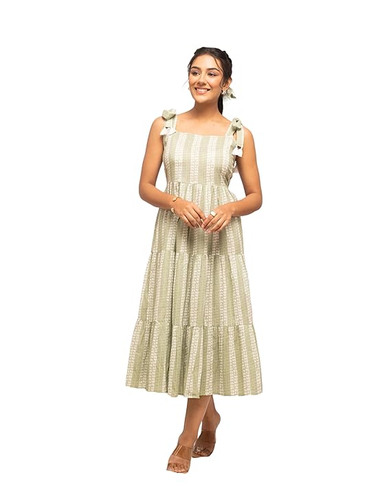 FIORRA Women's Fit And Flare Knee Length Cotton Block Printed Western Knee-Length Dresses-TRENDDIVE