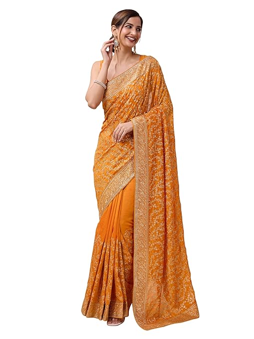 TRENDMALLS Women's Vichitra Silk Embroidery, Siroski Stone Work Saree with Blouse-TRENDDIVE