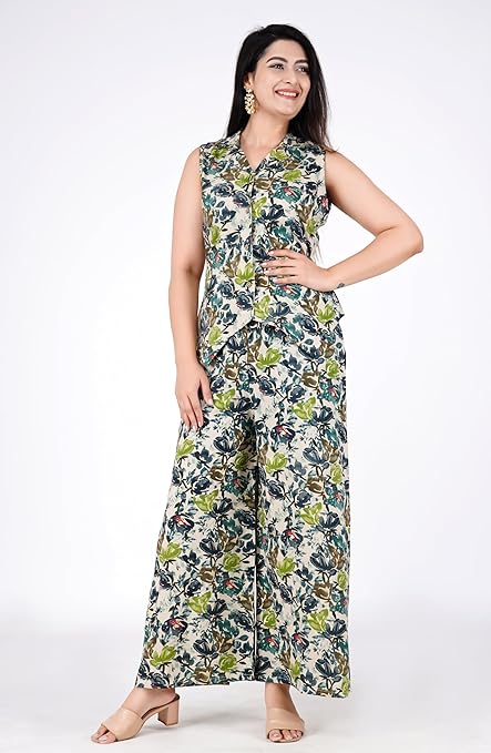 JUSTASHE Stylish Printed V Neck Western Co-ord Set for Women-TRENDDIVE