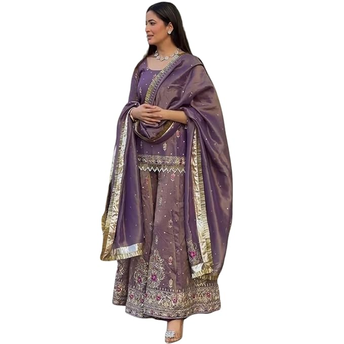 Purple Net Embroidered Sharara Suit for Women-TRENDDIVE