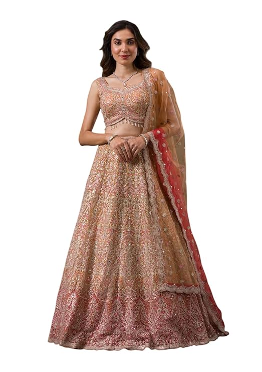 Women's Orange Threadwork Net Readymade Lehenga-TRENDDIVE