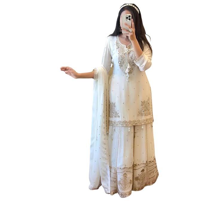 Elegant White Embroidered Palazzo Suits-TRENDDIVE
