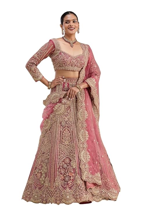 Women's Pink Zariwork Semi Stitched Lehenga-TRENDDIVE