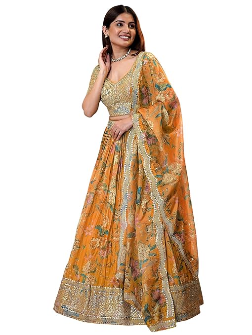 Zeel Clothing Women's Print And Sequins Embroidered Organza Lehenga Choli -TRENDDIVE