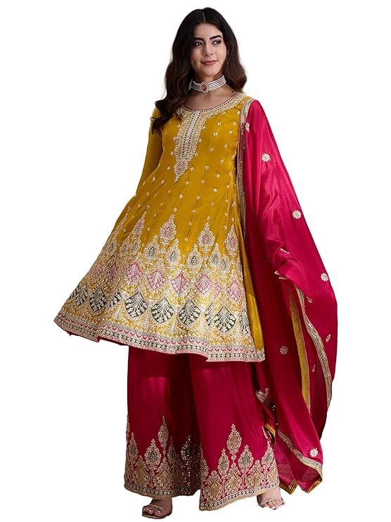 Miss Ethnik Women's yellow Palazzo Suits-TRENDDIVE