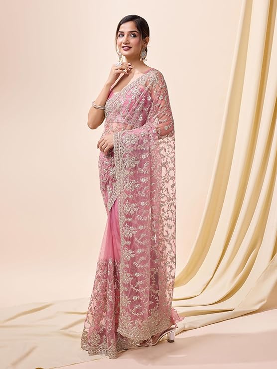 TRENDMALLS Women's Net Embroidery Saree-TRENDDIVE