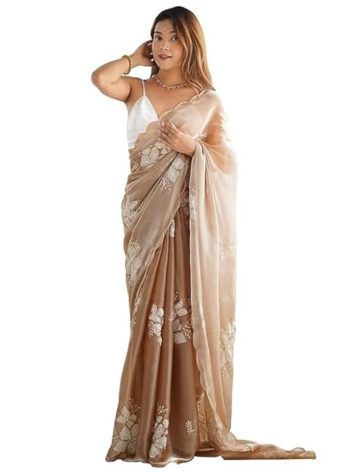 Flosive Women's Shimmer Organza Embroidery Saree -TRENDDIVE