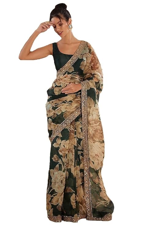 RAJESHWAR FASHION WITH RF Women's Organza Digital Print Embroidery Fancy Sarees-TRENDDIVE