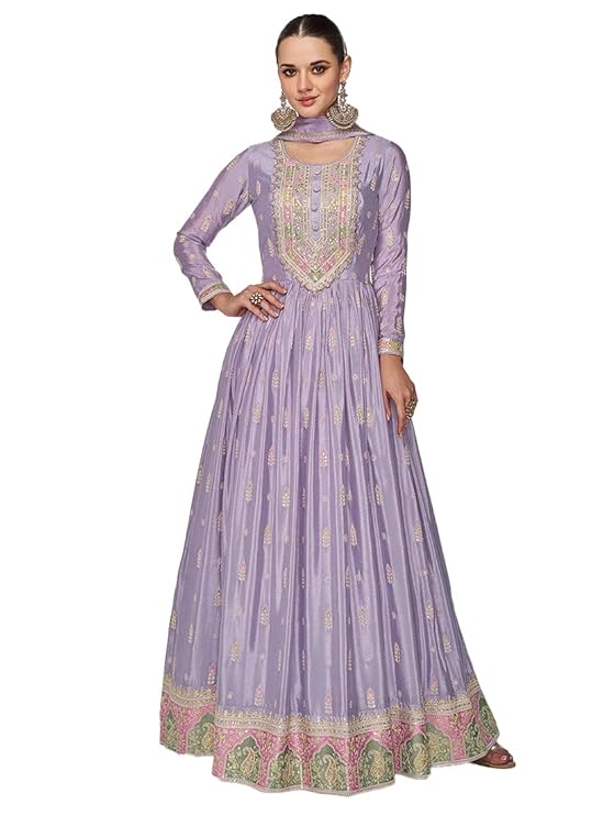 Miss Ethnik Women's Purple Chinon Embroidered Anarkali Gown-TRENDDIVE