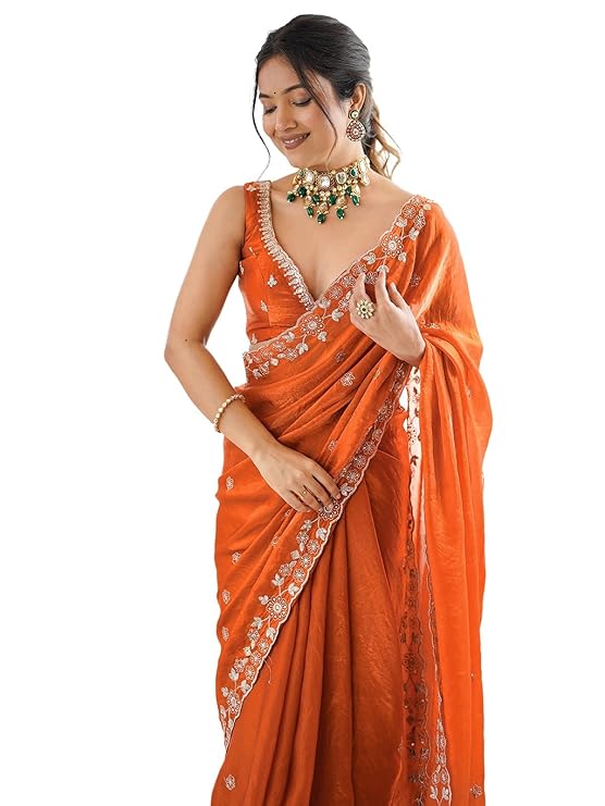 Satrani Women's Tissue Silk Scalloped Border Sequins Embroidery Saree-TRENDDIVE
