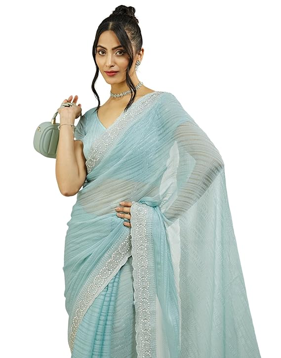 SIRIL Women's Shimmer Chiffon Embroidery-TRENDDIVE