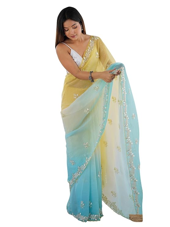 AKHILAM Women's Chiffon Embellished Saree-TRENDDIVE