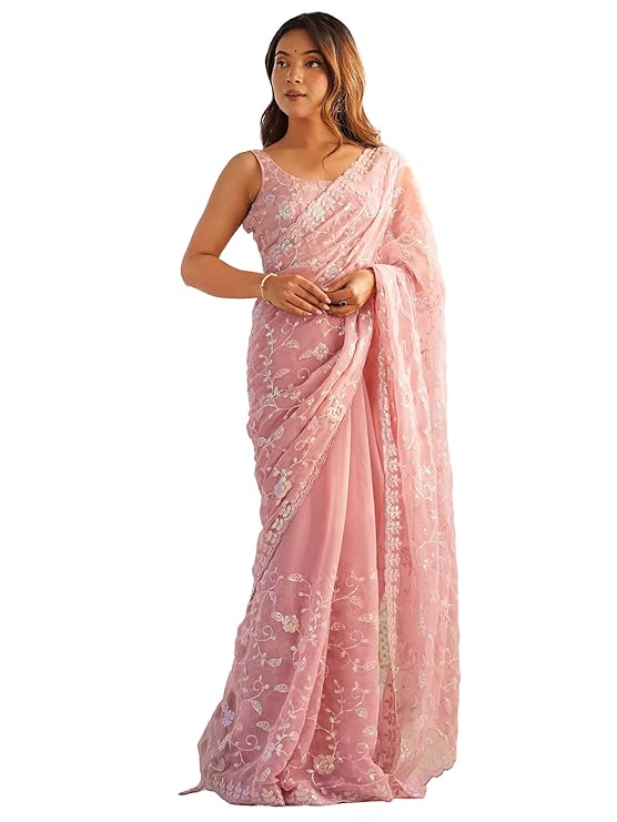 AKHILAM Women's Georgette Embellished Saree-TRENDIVE